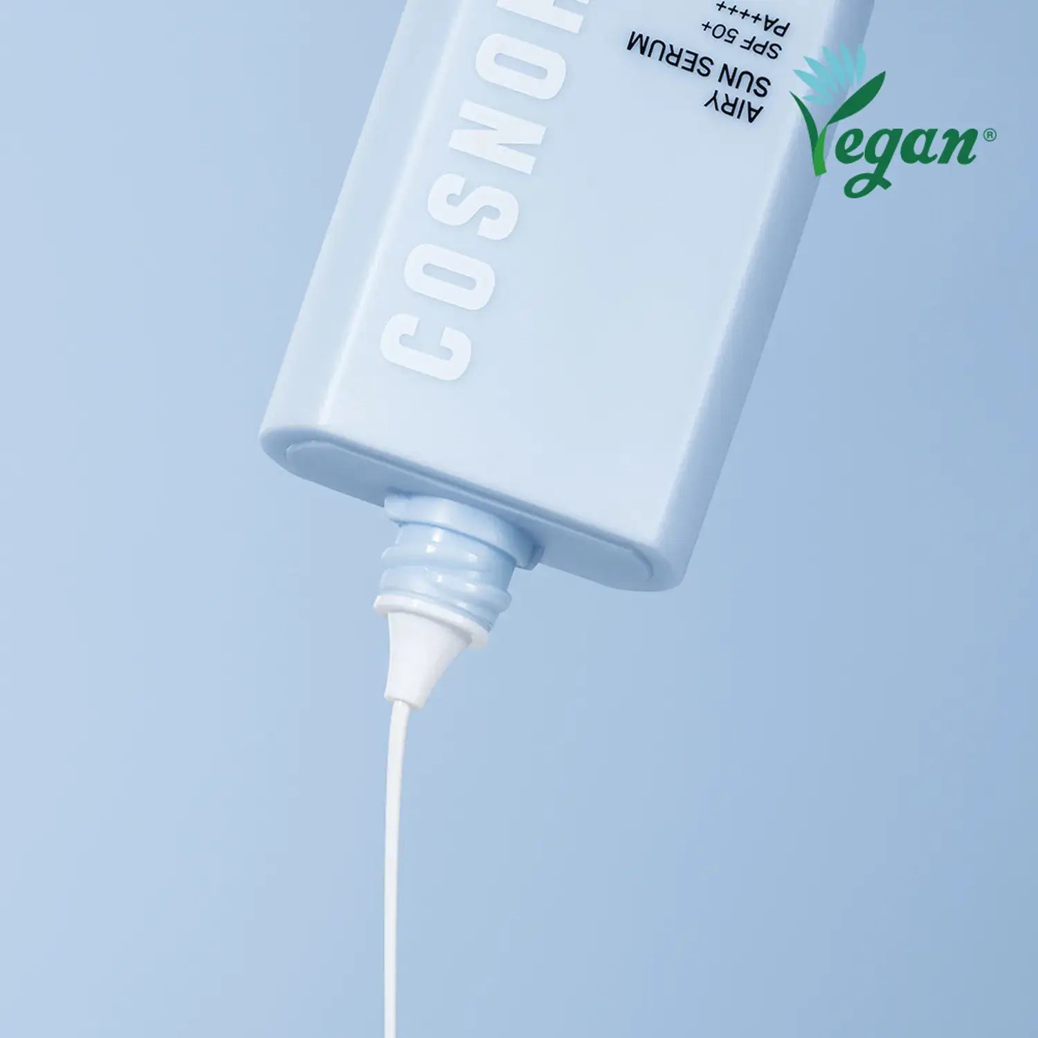 COSNORI Airy Tone Up Sun Serum with vegan label, displaying lightweight sun protection formula in soft blue packaging.