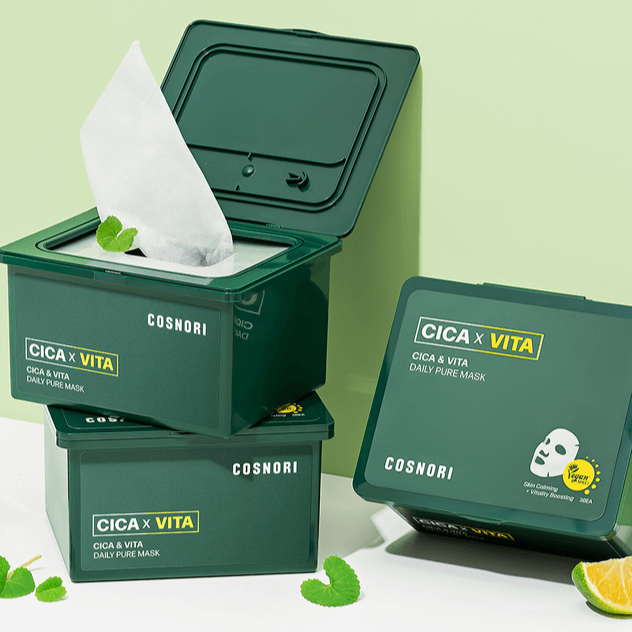 COSNORI Cica & Vita Daily Pure Mask 35ml in green packaging with mint leaves and a mask displayed