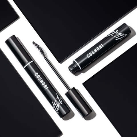 COSNORI Eyelash Tinting Serum Deep Black on sleek background, featuring opened and closed serum bottles with applicator brush.