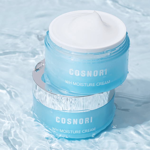 COSNORI Hyaluronic Moisture Cream 50ml in blue jar on water surface
