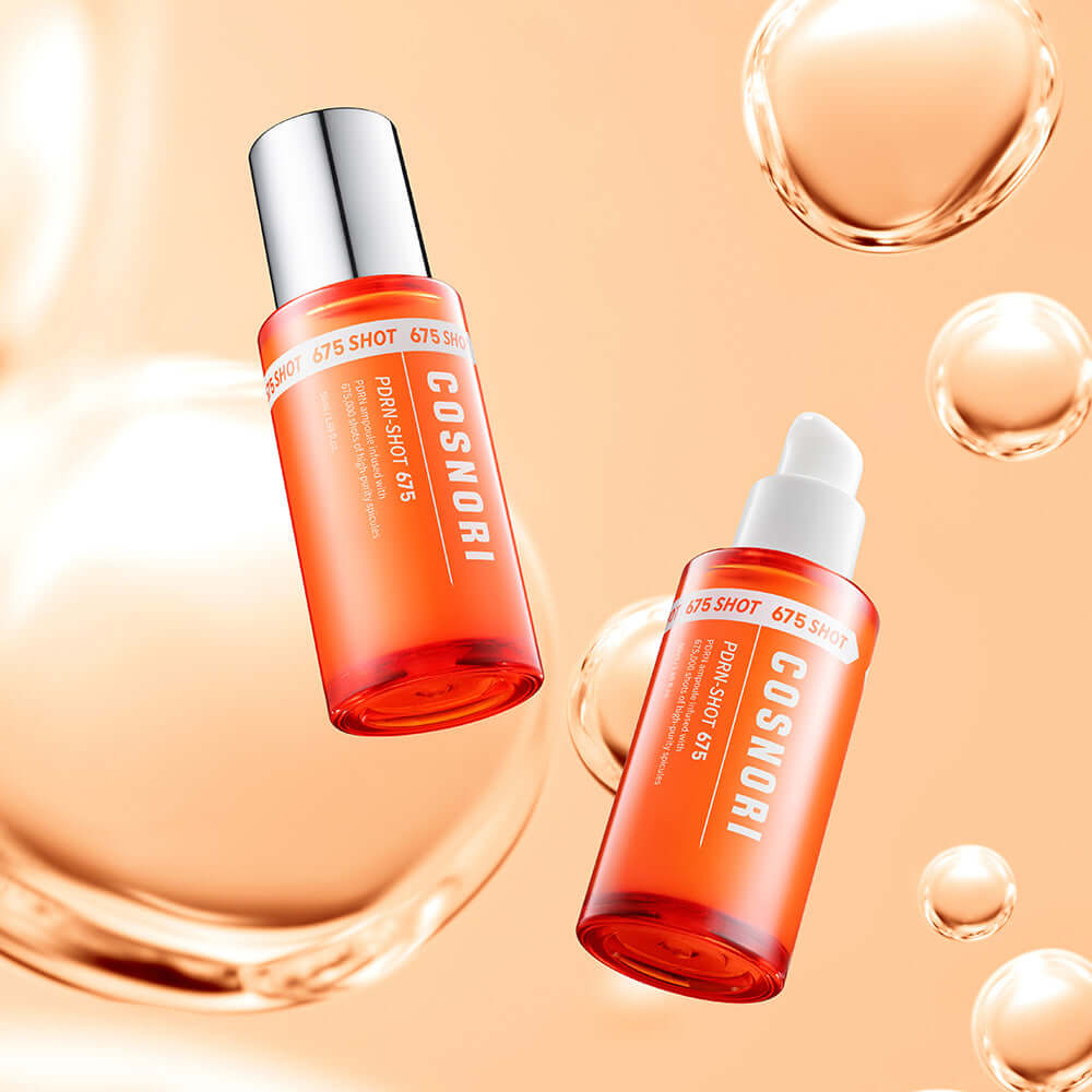 COSNORI PDRN Shot 675 50ml skincare product bottles with bubbles on orange background.
