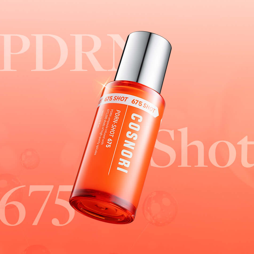 COSNORI PDRN Shot 675 50ml product image with vibrant orange packaging and silver cap, highlighting skincare benefits.