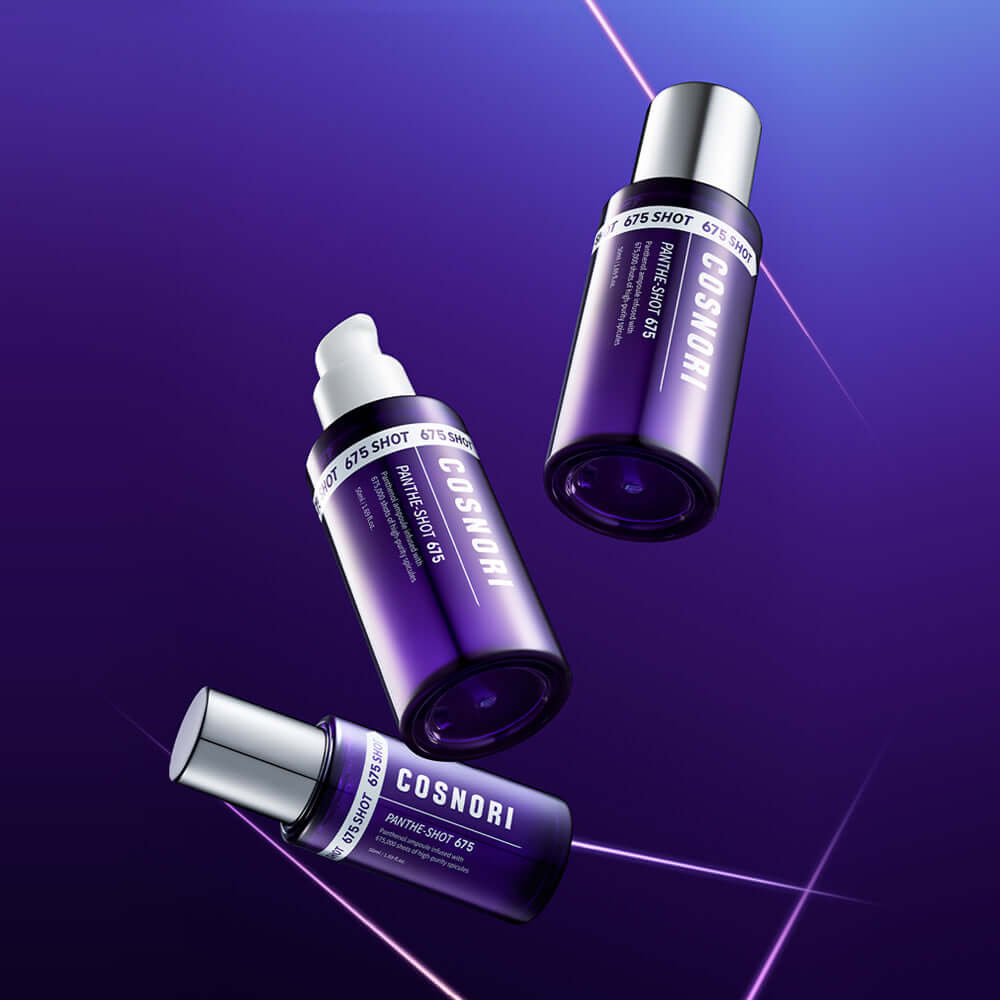 Cosmetic bottles of COSNORI Panthe-Shot 675 50ml on purple background with sleek design