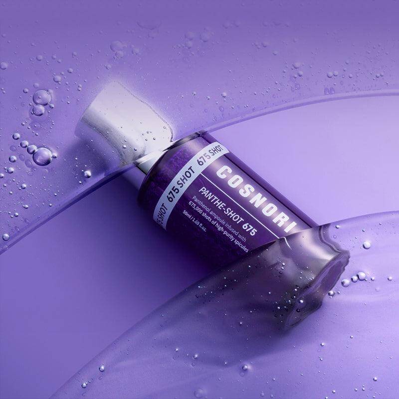 COSNORI Panthe-Shot 675 50ml bottle on a purple water-inspired background, highlighting skincare product design and branding.