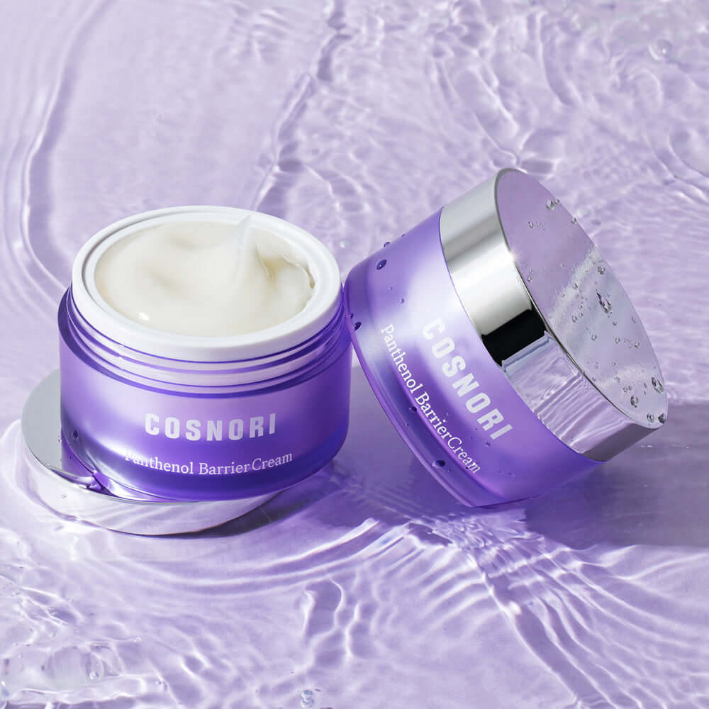 COSNORI Panthenol Barrier Cream 50ml jar on a purple water-themed background