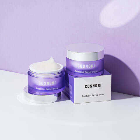 COSNORI Panthenol Barrier Cream 50ml in purple container on a lavender background
