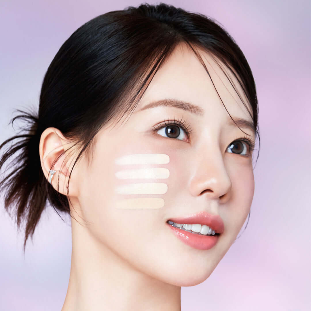 Model applying COSNORI Panthenol Barrier Cushion SPF50+PA++++ showing skin application on face