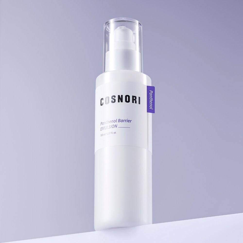COSNORI Panthenol Barrier Emulsion 150ml product bottle on a purple background