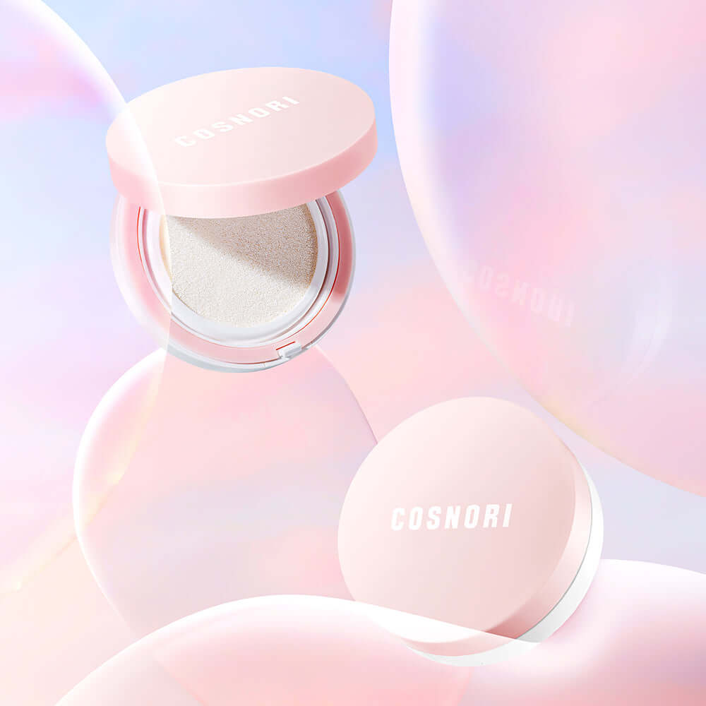 COSNORI Tone-up Cream Cushion in pink compact with pastel background, highlighting cosmetic elegance and skincare benefits.