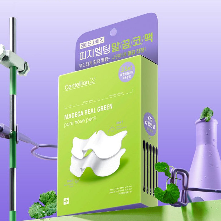 CENTELLIAN 24 Madeca Real Green Pore Nose Pack (5 sheets) on display with vibrant green packaging and skincare theme.