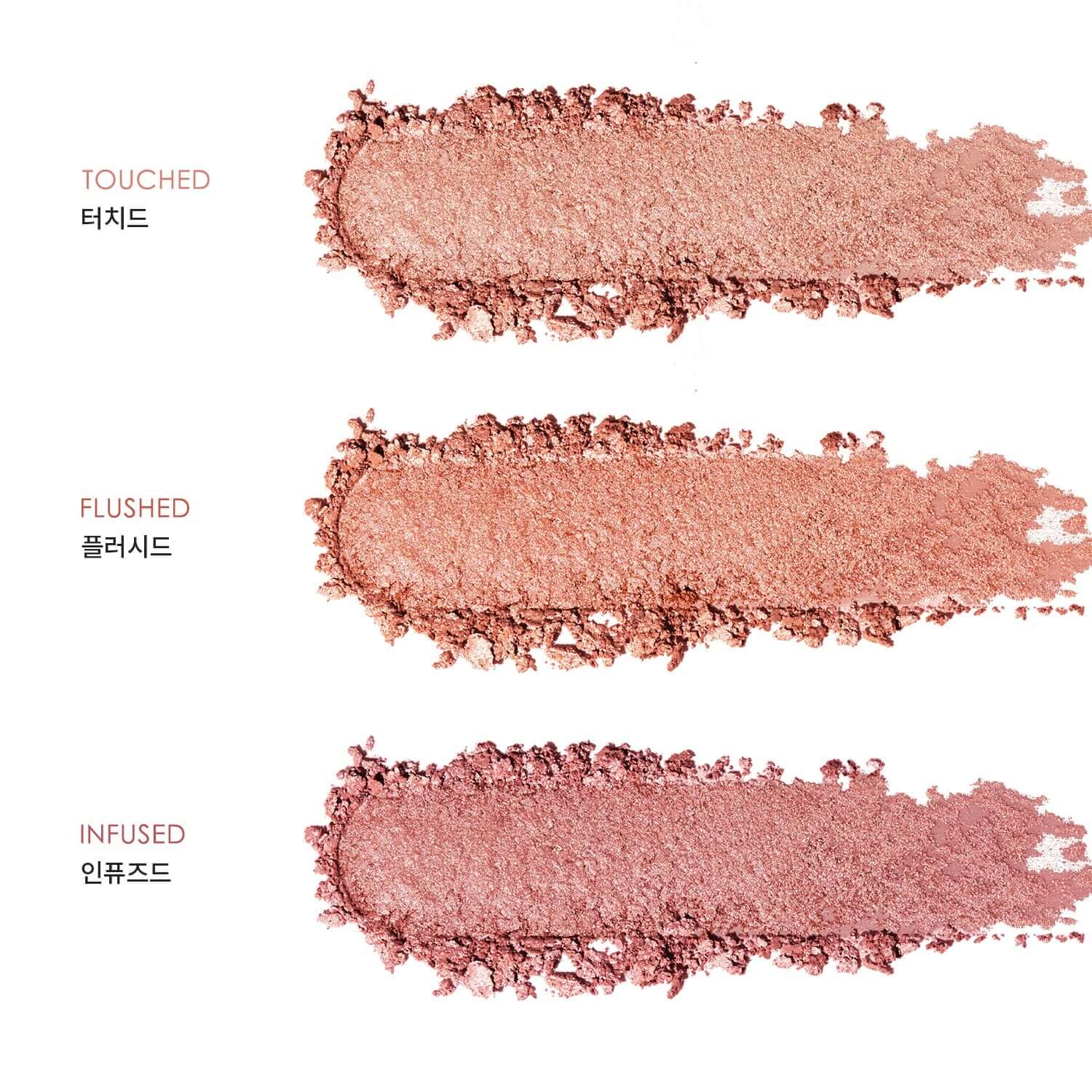 Swatches of DEAR DAHLIA Blooming Edition Petal Glow Blush in Touched, Flushed, and Infused shades.