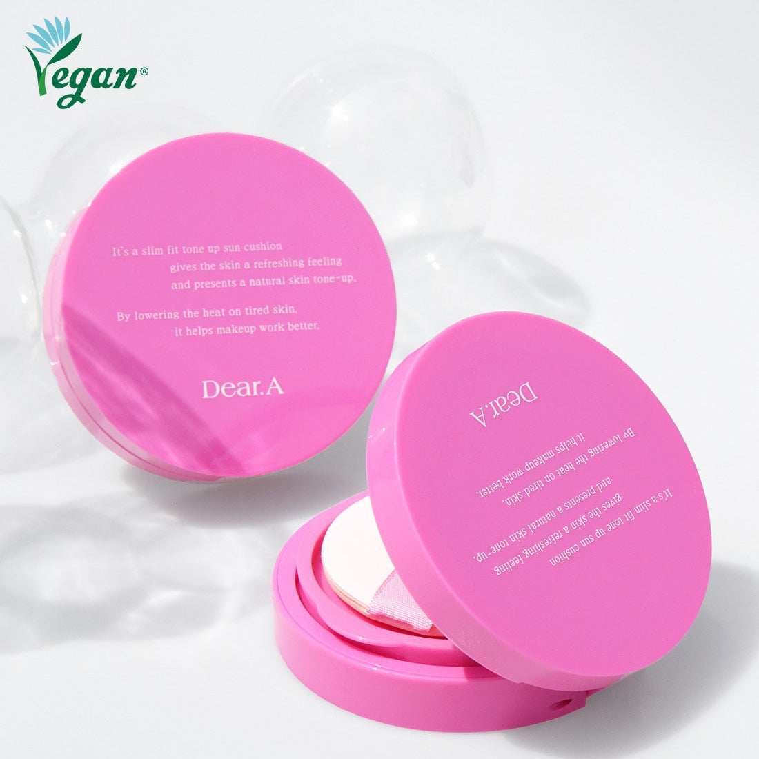 DEAR.A Slim Fit Tone-Up Sun Cushion 30ml in a vibrant pink container, vegan-friendly skincare product for a natural tone-up.