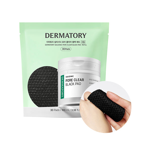 DERMATORY Salicinic Pore Clear Black Pad Refill 30 sheets product image. Skincare pore-clearing pad packaging and texture.