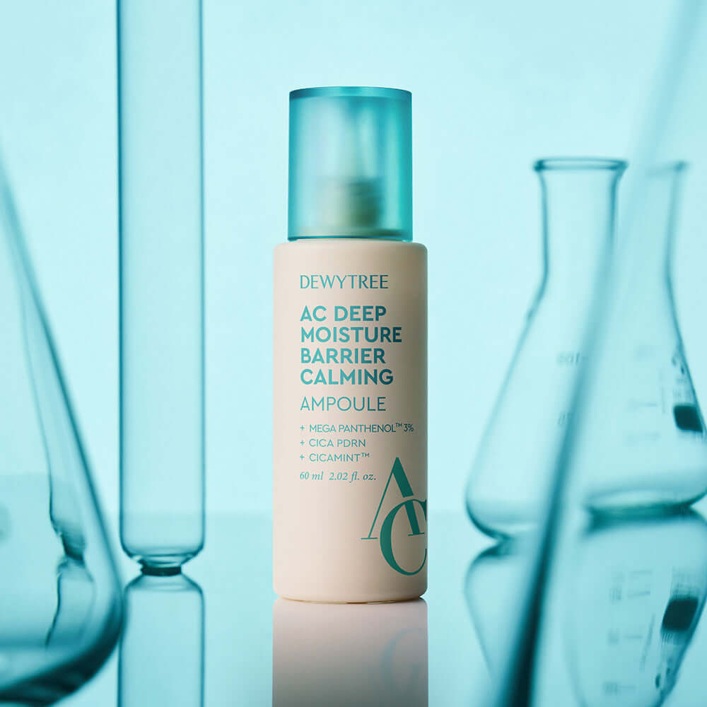 DEWYTREE AC Deep Barrier Soothing Moisturizing Ampoule 60ml bottle surrounded by glass lab equipment.