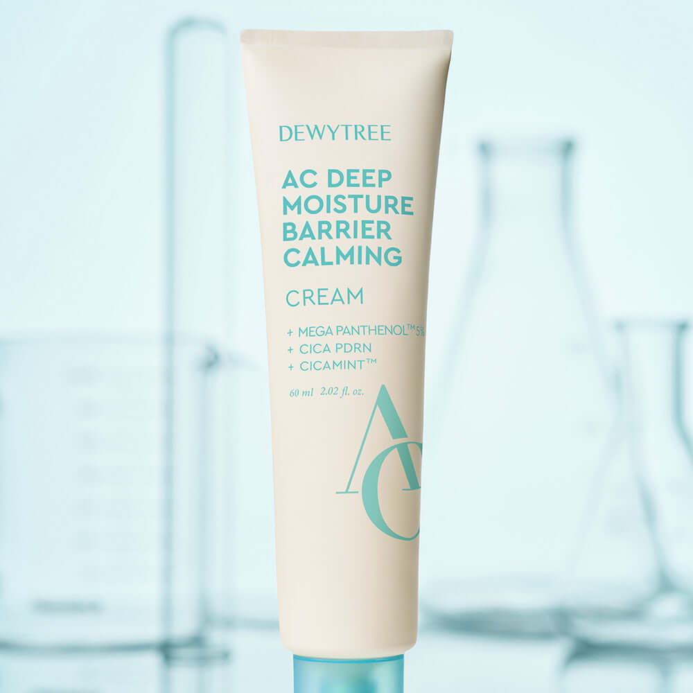DEWYTREE AC Deep Barrier Soothing Moisturizing Cream 60ml tube against a light blue background with scientific glassware.