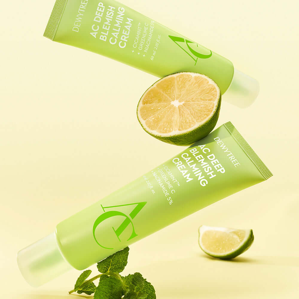 DEWYTREE AC Deep Trace Soothing Cream 60ml with citrus and mint on yellow background.