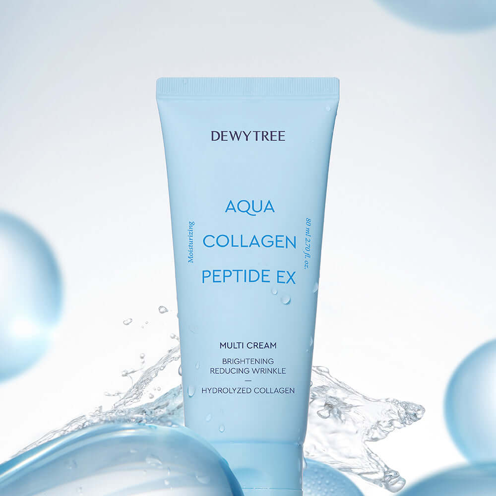 DEWYTREE Aqua Collagen Peptide EX Multi Cream 80ml bottle with water splash background