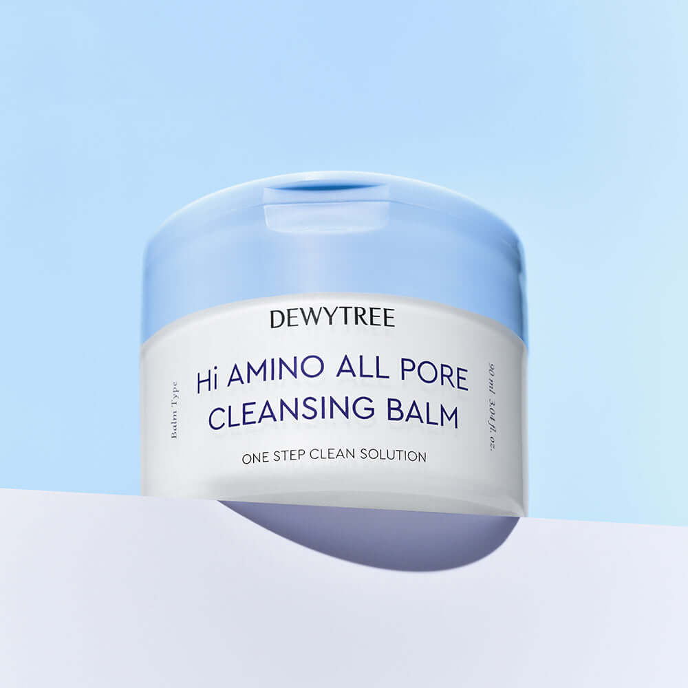 DEWYTREE Hi Amino Pore All Deep Cleansing Balm 90ml in a blue container on a light background.