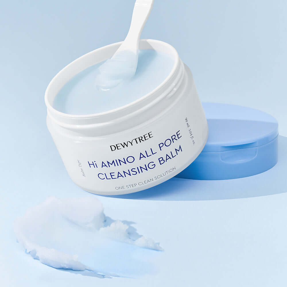 DEWYTREE Hi Amino Pore All Deep Cleansing Balm 90ml jar with open lid and spatula on blue background