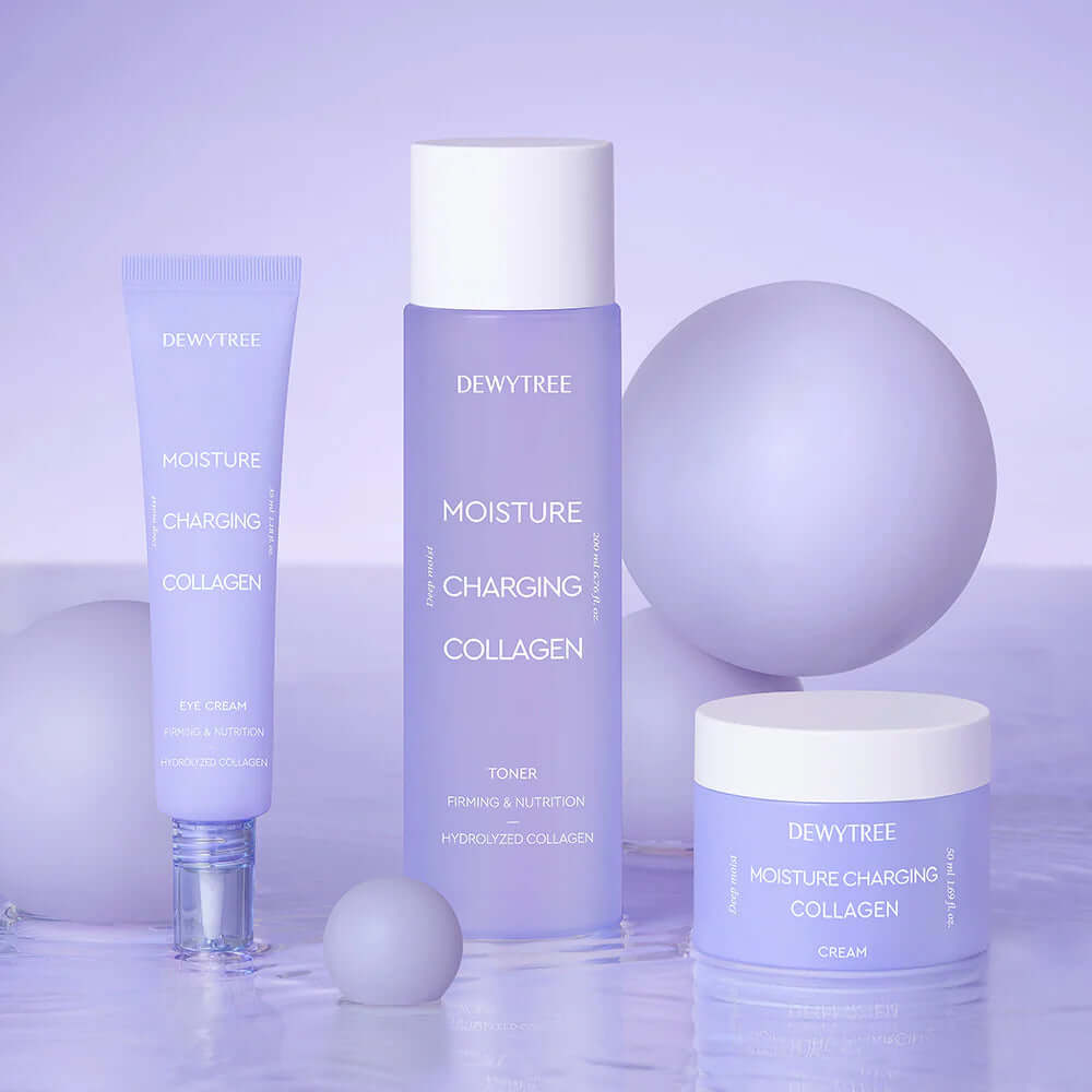 DEWYTREE Hydrating Collagen Emulsion 150ml moisturizing skincare set with toner, cream, and eye cream on purple background.