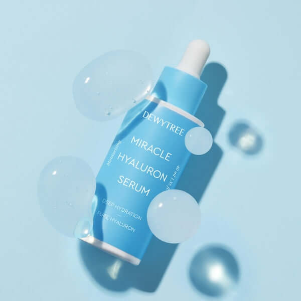 DEWYTREE Miracle Hyaluronic Serum 40ml with hydrating bubbles on blue background