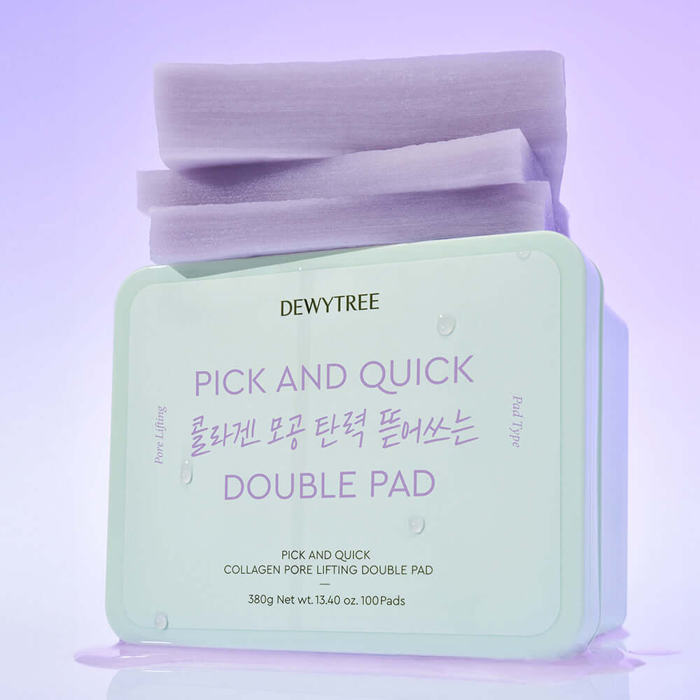 DEWYTREE Pick & Quick Collagen Pore Elasticity Tear-Off Double Pad 100 sheets packaging with stacked pads