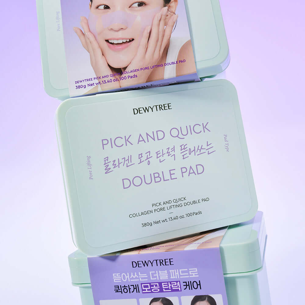 DEWYTREE Pick & Quick Collagen Pore Elasticity Tear-Off Double Pad 100 sheets stacked in packaging