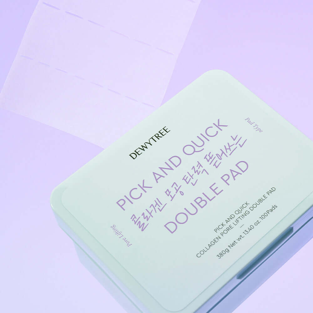 DEWYTREE Pick & Quick Collagen Pore Elasticity Tear-Off Double Pad 100 sheets in packaging on a purple background