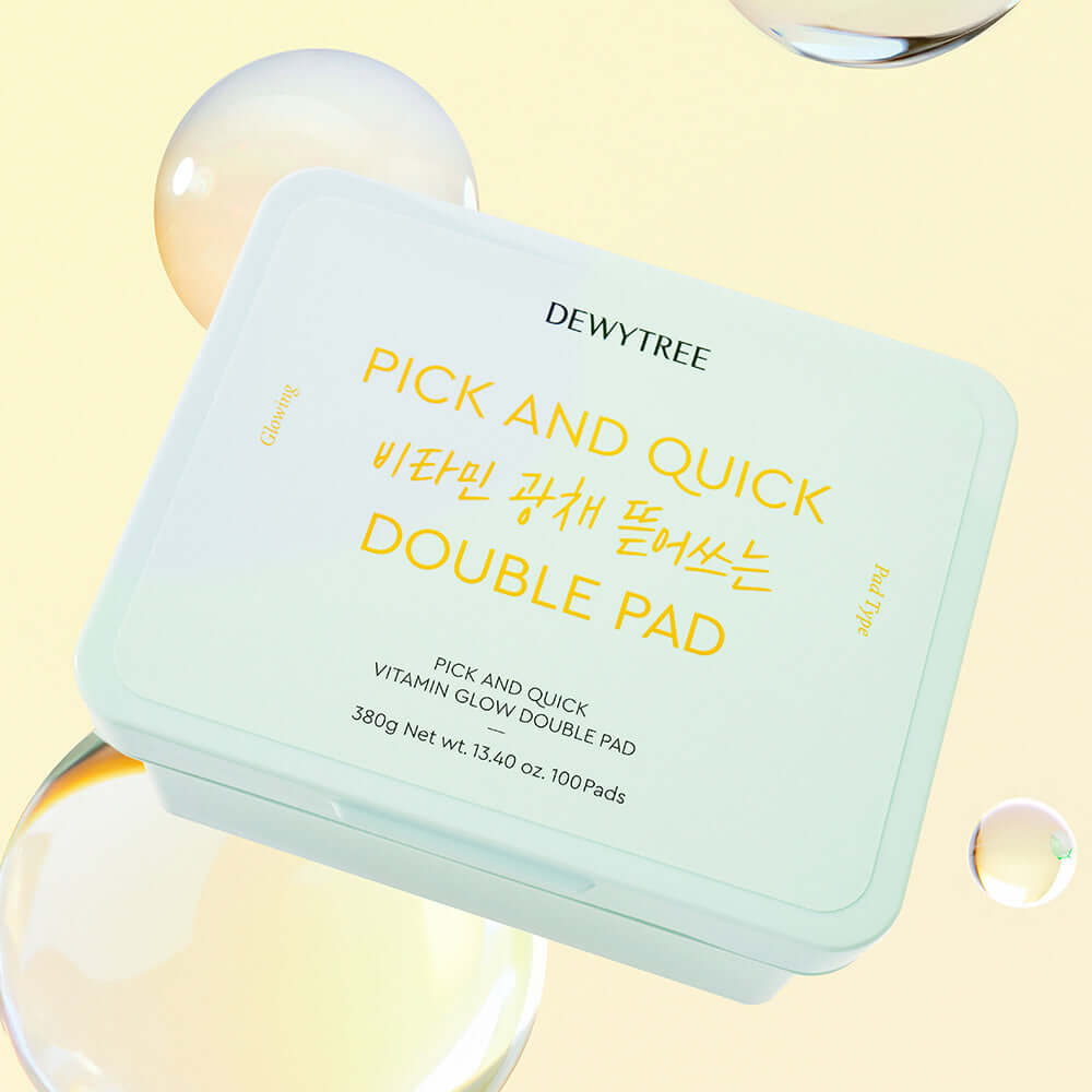 DEWYTREE Pick & Quik Vitamin Glow Tear-Off Double Pads 100 sheets skincare packaging with yellow text on a light background