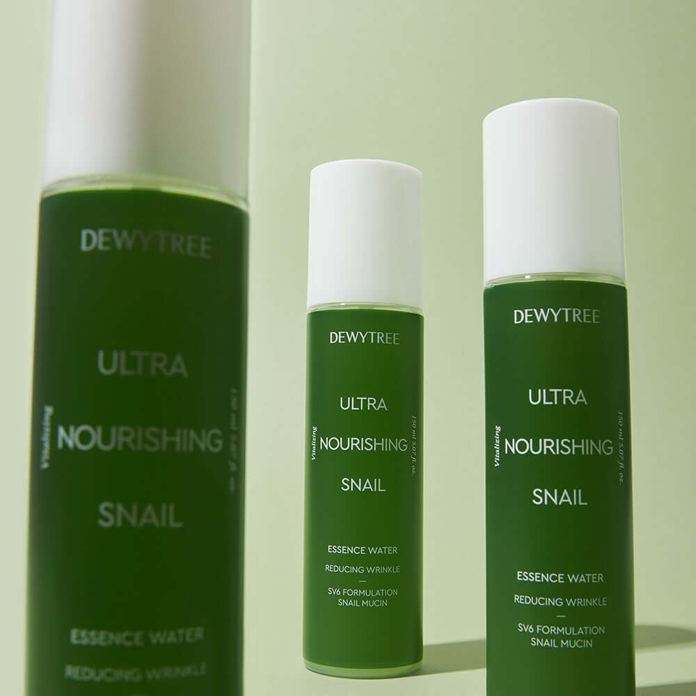 DEWYTREE Ultra Nourishing Snail Essence Water 150ml bottles against a green background.