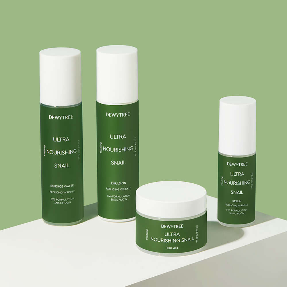 DEWYTREE Ultra Nourishing Snail Essence Water 150ml displayed with matching skincare products against a green background.