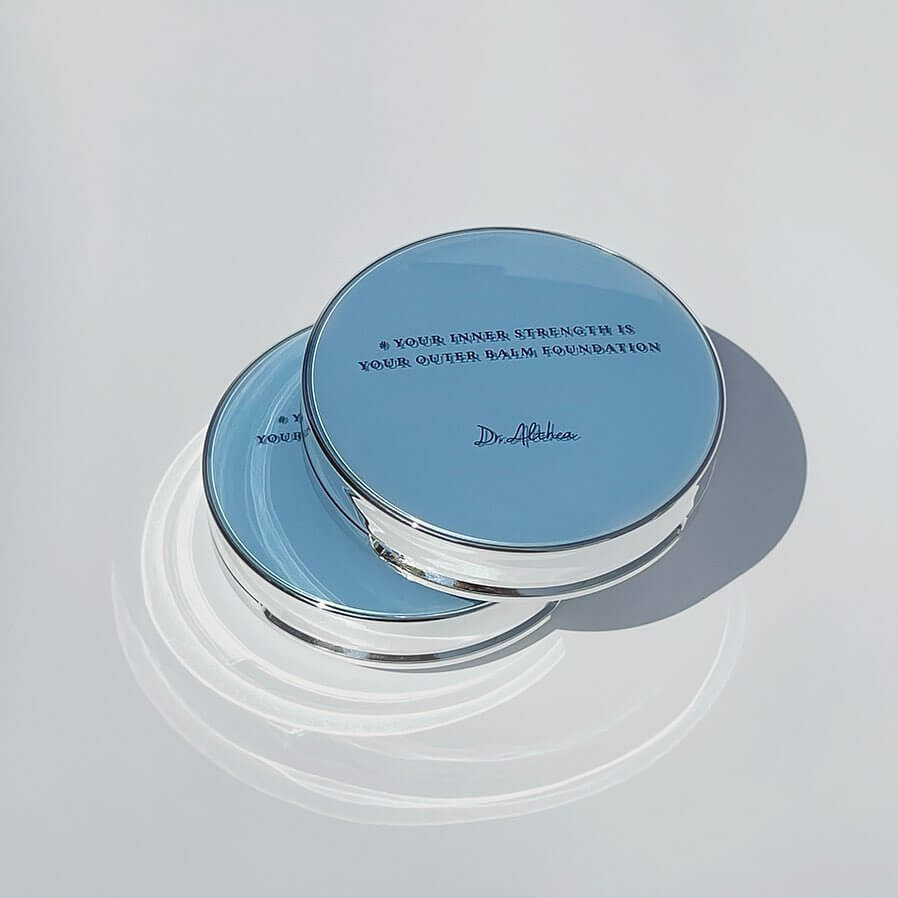 DR.ALTHEA Double Serum Night Foundation 12g compact with motivational quote on blue lid, elegant silver edging.