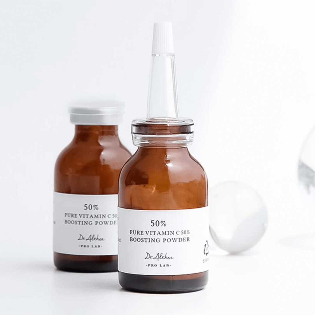 DR.ALTHEA Pure Vitamin C 50% Boosting Powder 10g bottles with dropper on white background