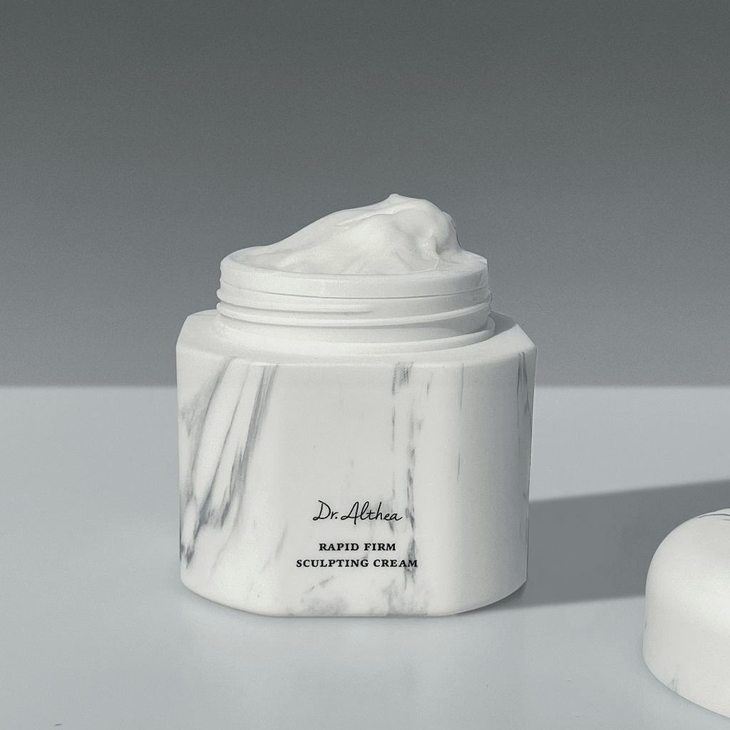 DR.ALTHEA Rapid Firm Sculpting Cream 45ml jar with cream exposed, ideal for skin tightening and rejuvenation.
