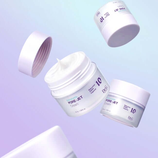 DR.G Bakuchiol Porejet Cream jars against a purple background