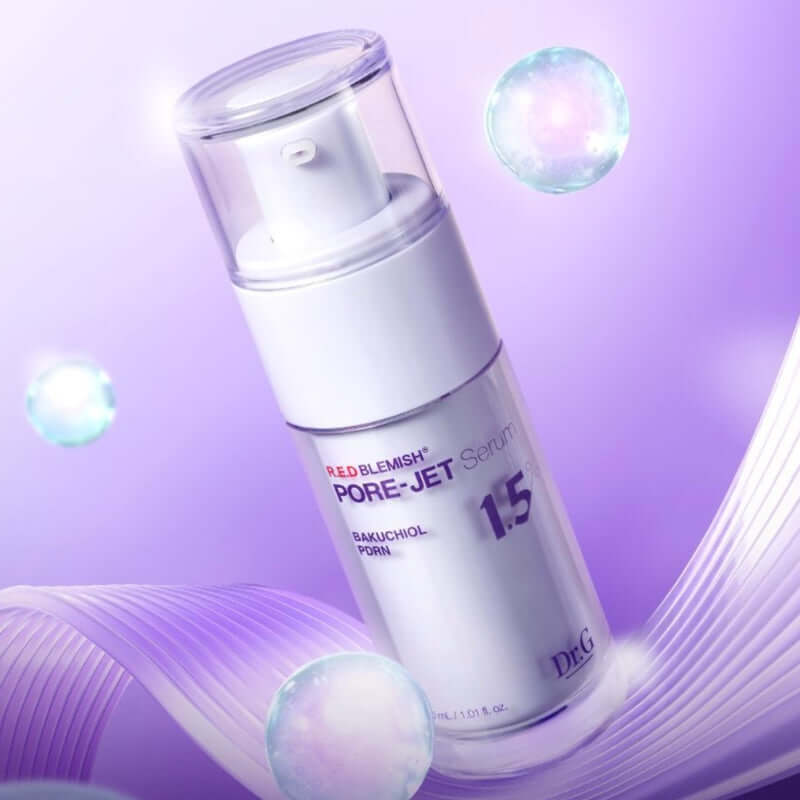 DR.G Bakuchiol Porejet Serum bottle with purple background and glowing orbs, showcasing product features.