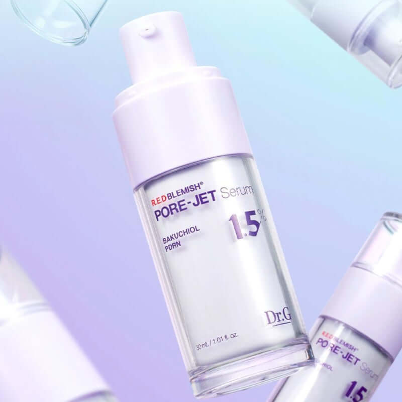 DR.G Bakuchiol Porejet Serum bottle on a purple gradient background.