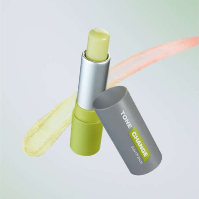 DR.G For Men Tone Change Sun Lip Balm with open cap showing balm, against a background with color swatches.