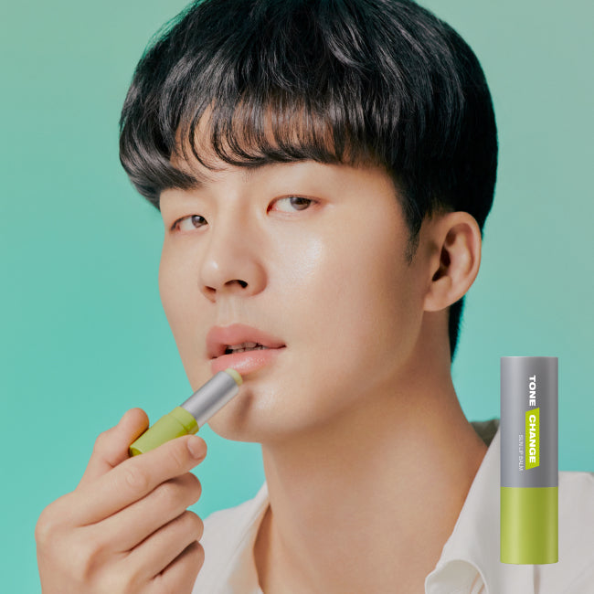 DR.G For Men Tone Change Sun Lip Balm on male model applying balm, Gentleman Korea packaging visible