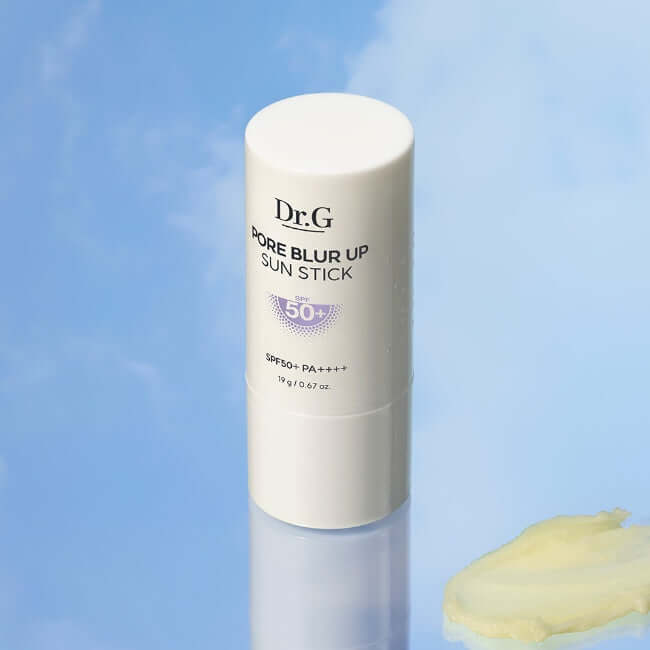 DR.G Pore Blur Up Sun Stick on reflective surface, SPF 50+ protection, skincare product.