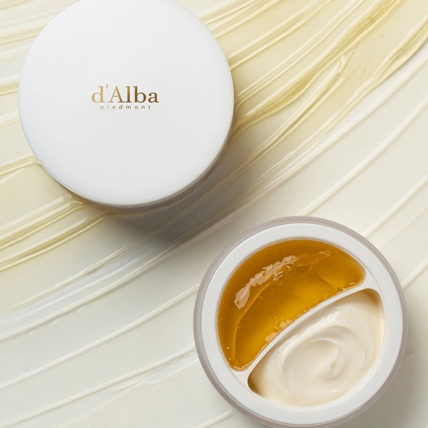 D'ALBA Vegan Double Cream Single 70g open jar showing cream and gel textures on decorative background