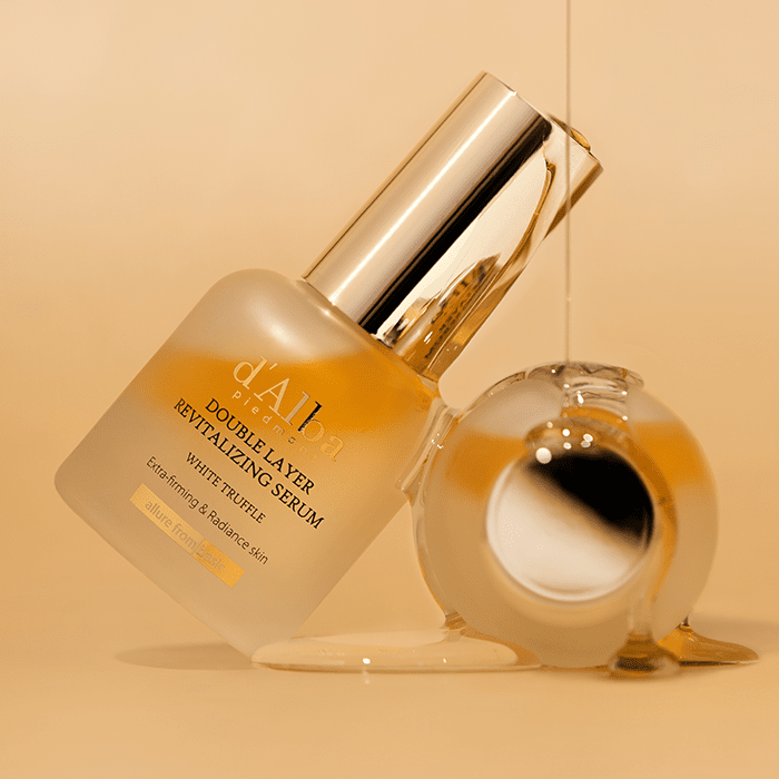 D'ALBA Vegan Double Serum 30ml in a clear bottle demonstrating texture and luxury skincare benefits.