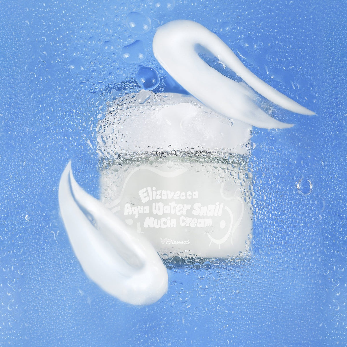 ELIZAVECCA Aqua Water Snail Mushine Cream jar with water droplets and snail essence on a blue background.