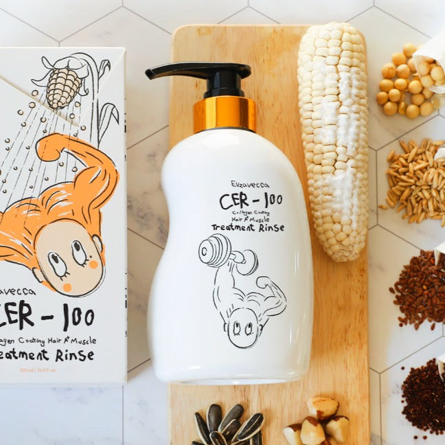 ELIZAVECCA Cer-100 Collagen Coating Hair A+ Muscle Treatment Rinse 500ml bottle with packaging and natural ingredients.