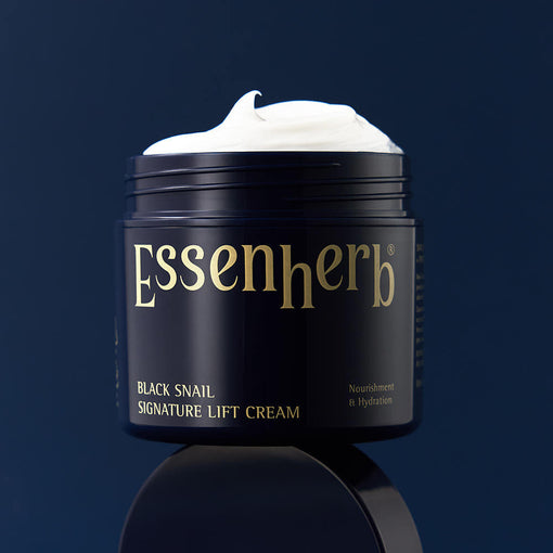 ESSENHERB Black Snail Signature Lift Cream 50ml jar against dark blue background