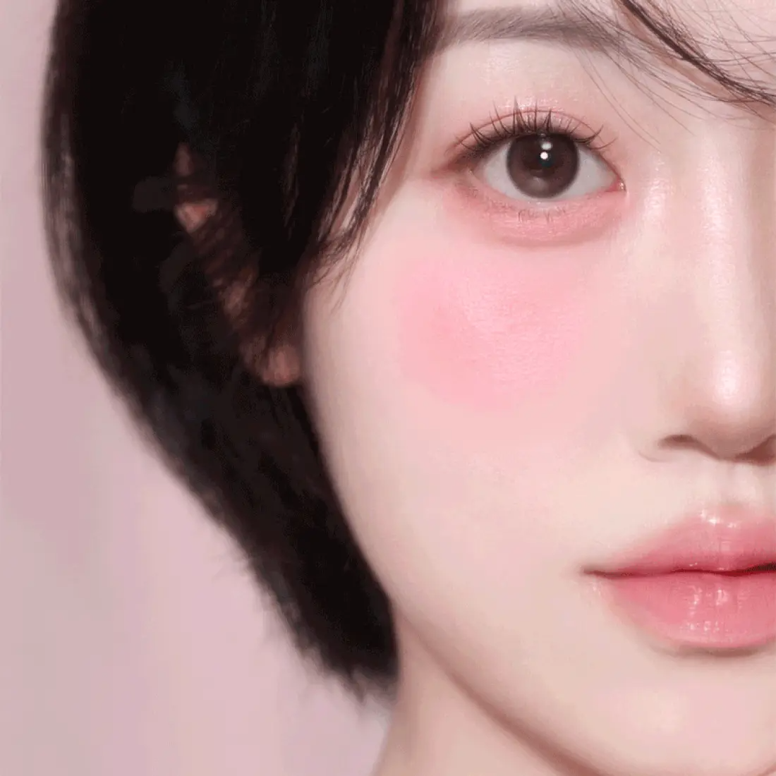 Close-up of a woman's face showcasing blush and makeup, highlighting the ETUDE Play Multi Eyes product effect.
