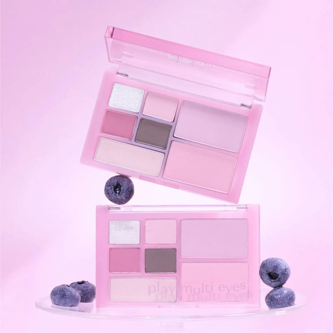 ETUDE Play Multi Eyes palette in pink and purple shades with blueberries on a pink background.