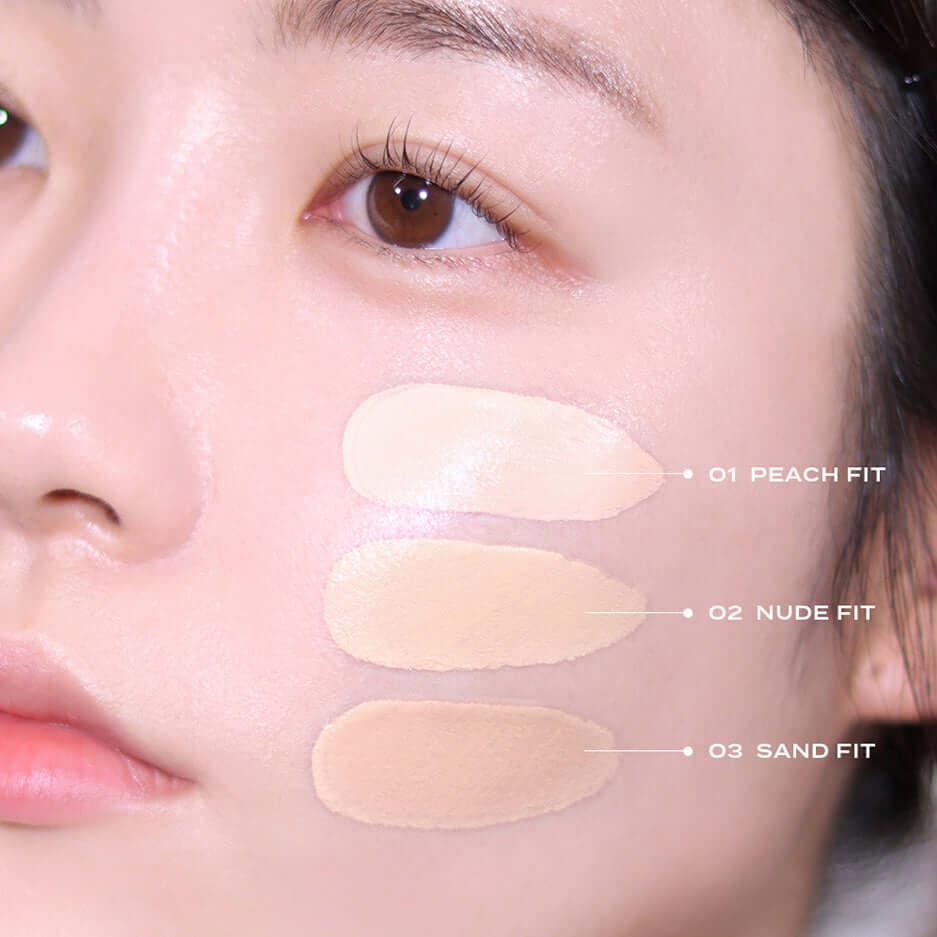 FEEV Hyper-Fit Silky Cushion applied in shades Peach Fit, Nude Fit, Sand Fit on woman's cheek for tone comparison.