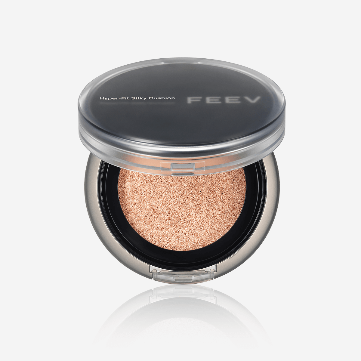 FEEV Hyper-Fit Silky Cushion makeup product with open compact displaying the cushion inside, ideal for flawless skin application.
