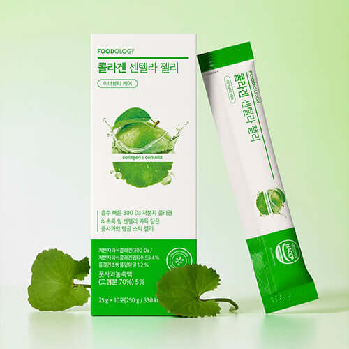 FOODOLOGY Collagen Centella Jelly 250g packaging with green centella leaves